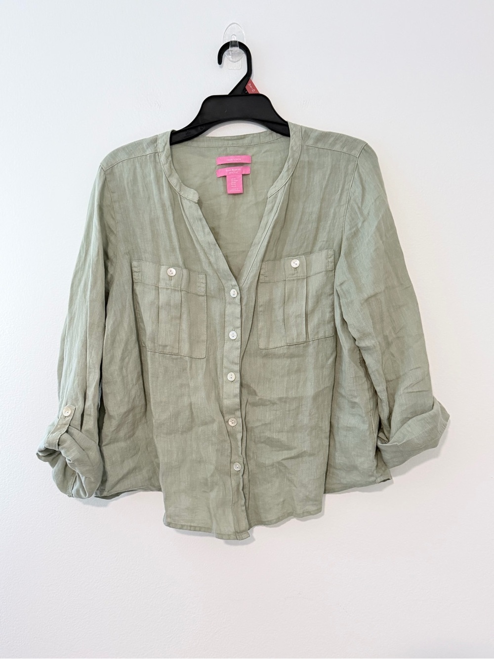 Isaac Mizrahi 100% Linen Blouse Womens Medium Sage Green Roll Tab Sleeve Top